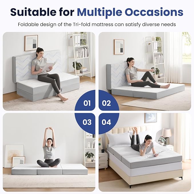 Foldable Mattress Twin 4 inch -Portable White Memory Foam Folding Matress with Washable Cover for Camping Travel Guest Room Home Use-Non-Slip&Easy Storage