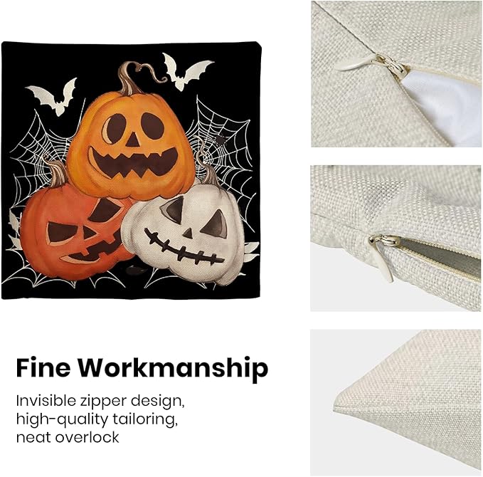 Halloween Pillow Covers 18 x 18 Inch, Burnt Orange Yellow Grey Pumpkin Decor Throw Pillows for Home Couch Bed, Black Cream Spider Web Bat Fall Decorative Pillowcase Linen Cushion Cover Set of 2
