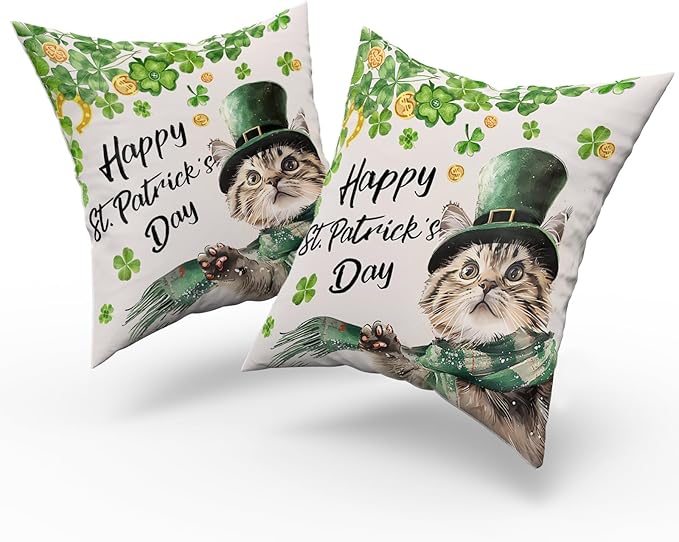 Giwawa Patrick Cat Throw Pillow Covers Set of 2, 16x16in Happy St Patrick's Day Kitten Decorative Square Pillow Cases, Clover Shamrock Soft Cotton Cushion Covers for Sofa Couch Bedding Decor