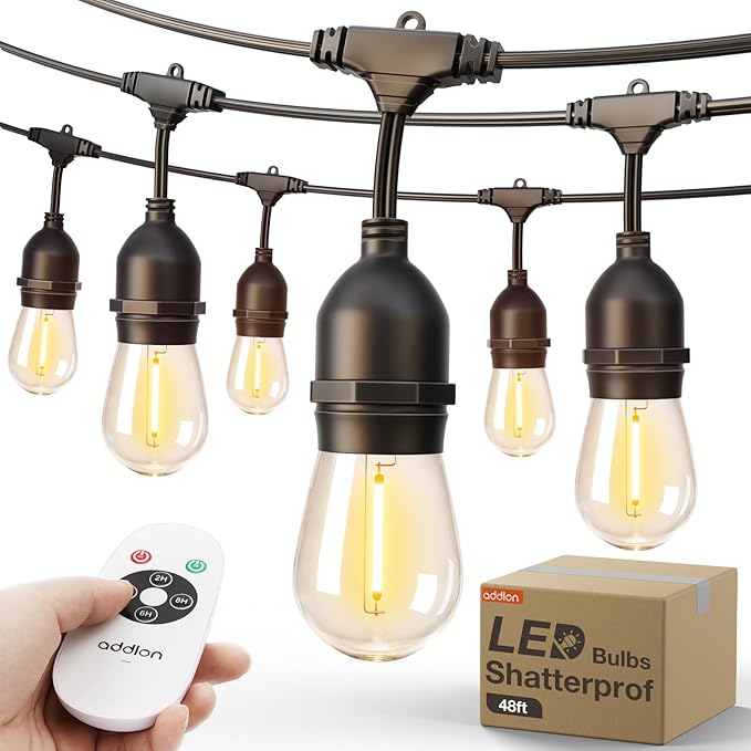 addlon Outdoor String Lights Timer Control, 48FT LED Patio Light with Edison Vintage Shatterproof Bulbs and Commercial Grade Weatherproof Strand - ETL Listed Heavy-Duty Decorative Lighting