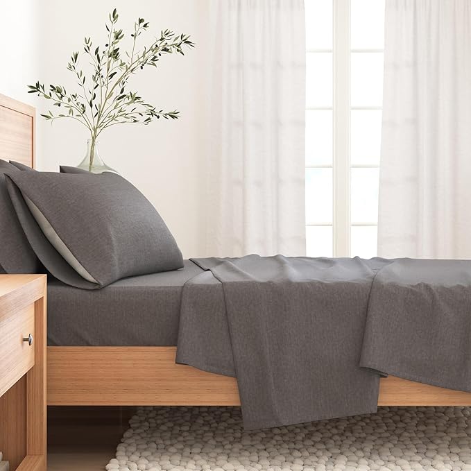 Flannel Sheet Set Full Size - Heathered Cotton Blend, Double-Brushed, Winter Bed Sheets - Ultra-Soft, Cozy, 4-Piece Rustic Bedding Set (Heathered Dark Grey)