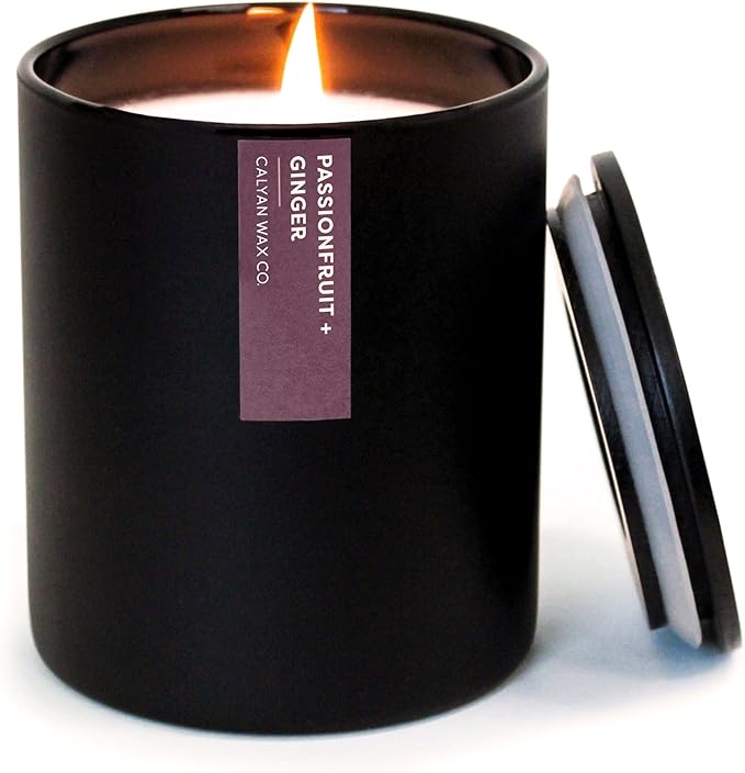 Calyan Wax Co. Soy Wax Candle, Passionfruit + Ginger Scented Candle, 75 Hour Burn Time, Aromatherapy Soy Candles, Non Toxic & Vegan Soy Wax, Black Tumbler Scented Candles, 13oz