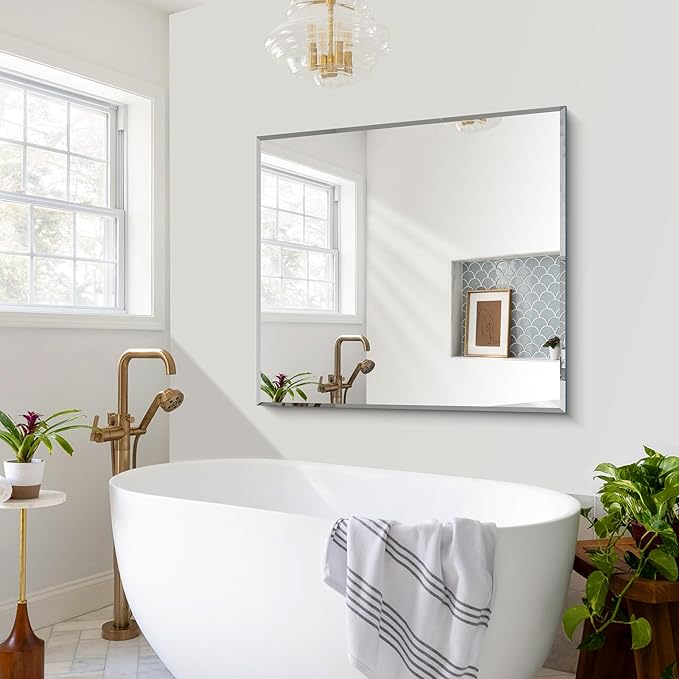 Beveled Bathroom Mirror, 36x40 Inch Large Bathroom Mirrors for Over Sink, Upgraded Shatterproof Beveled Frameless Vanity Mirror for Bathroom,Bedroom,Living Room and Entryway