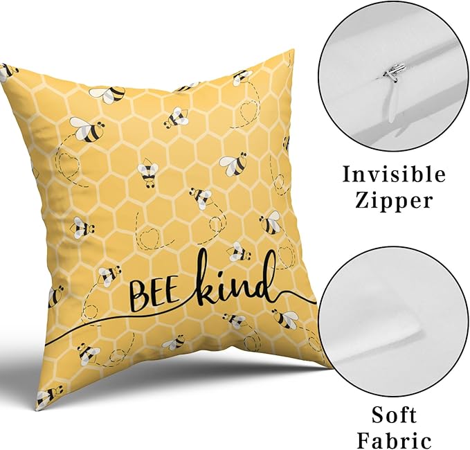 Giwawa Summer Pillow Covers Set of 2-16x16inch Bee Happy Decorative Square Pillowcases - Yellow Honeycomb Farmhouse Throw Cushion Cover for Sofa Couch Indoor Outdoor Living Room