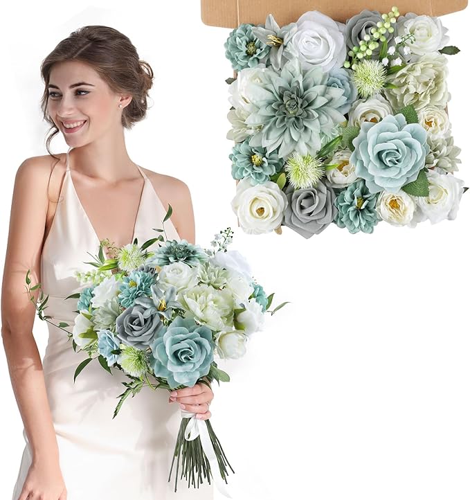 AmyHomie Teal Blue Artificial Flowers Combo Silk Mix Peony Rose Fake Flowers w/Stem for DIY Wedding Bouquets Centerpieces Arrangements Table Fall Decor Party Bridal Baby Shower Home Decorations