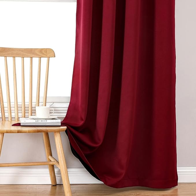 ChrisDowa 100% Blackout Curtains 80 inch Long for Bedroom with Black Liner, 2 Thick Layers Total Blackout Thermal Insulated Grommet Window Curtains 2 Panels Set (Burgundy, 52 x 80 Inch)