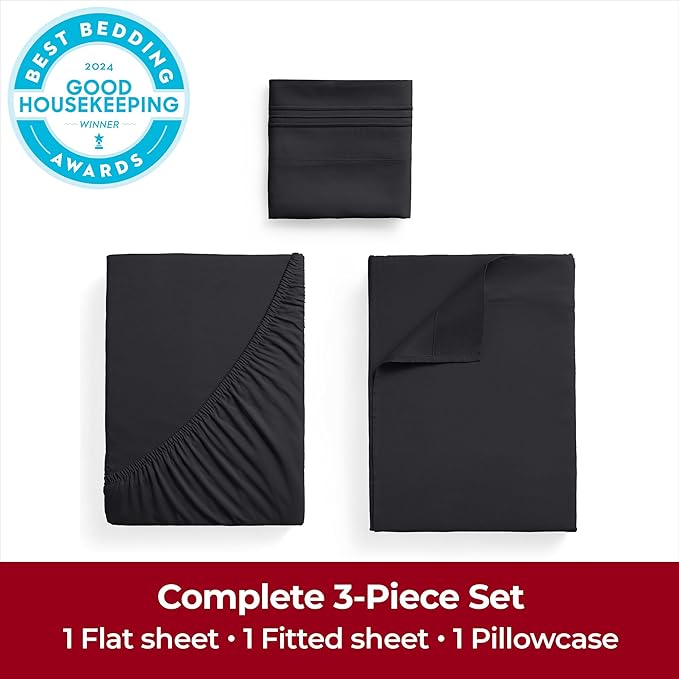 Mellanni Twin Sheets Set - 3 PC Iconic Collection Bedding - Hotel Luxury, Extra Soft, Cooling Bed Sheets - Wrinkle, Fade, Stain Resistant (Twin, Black)