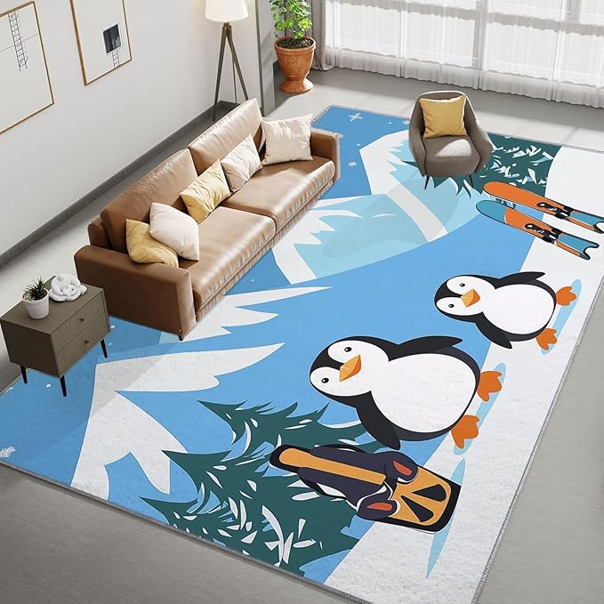 Area Rug 5x8 ft Cartoon Penguin Snowboard Blue Living Room Non-Slip Rug, 3D Print Floor Carpet, Soft Large Area Rugs for Bedroom Dining Room Kitchen, Washable Low-Pile Rug