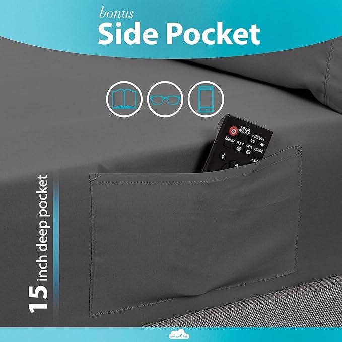 DREAMCARE Twin XL Sheet Set - Cooling Bed Sheets - 4pc Set - Deep Pocket - Soft & Long Lasting 100% Polyester with Side Pocket - Dark Gray