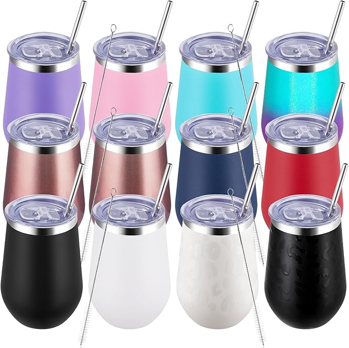 MEWAY 12oz Stainless Steel Wine Tumbler with Lid - Double Wall Vacuum Insulated Swig cups for Hot and Cold Drinks, Ideal for Coffee, Wine, Beer, gifts for Women under 10 dollars(Mix,Set of 12)