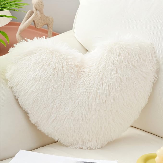 MOOWOO Plush Fluffy Heart Pillow, Fuzzy Throw Pillows for Mom Gifts,Solid Color, Zipper Close Decorative Throw Pillow for Valentines Day (White)