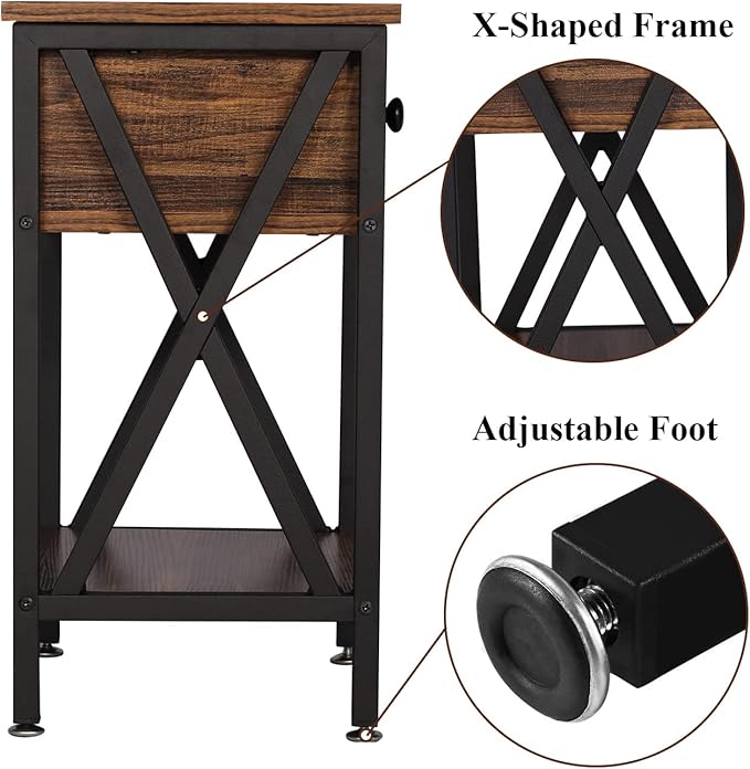 VECELO Nightstands Set of 2, Modern Bedside End Tables, Night Stands with Drawer and Storage Shelf for Living Room Bedroom, Industrial Metal Frame