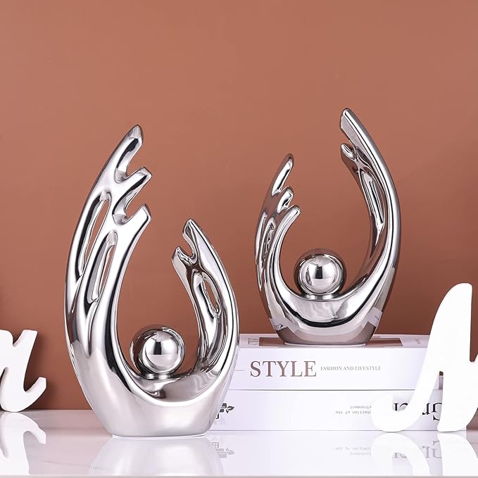 9.5" H Silver Aesthetic Room Decor Accent, TV Stand Funky Table Centerpiece, Abstract Art Ceramic Statue and Sculpture, Silver Decor for Living Room, Bookshelf Decorative Objects, Shelf