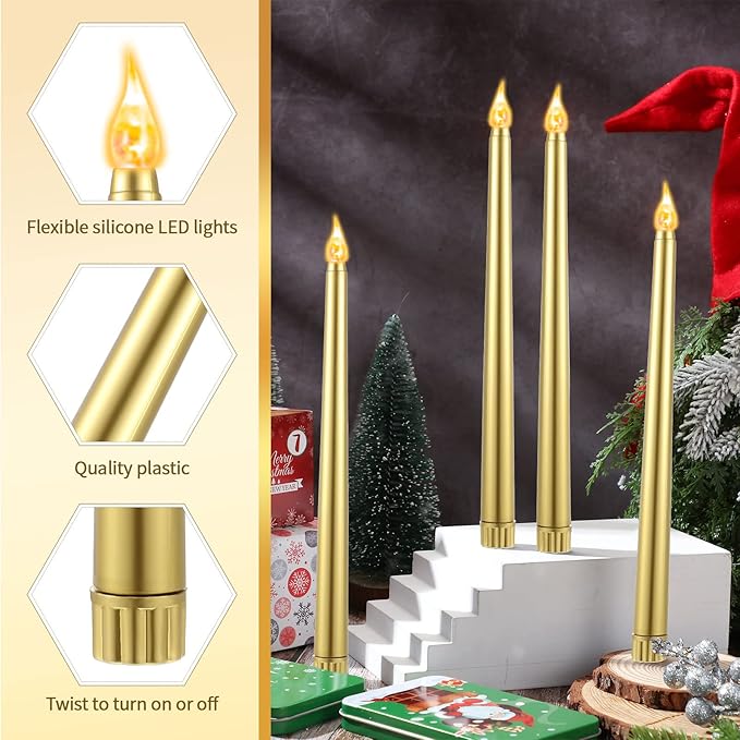 Honoson 4 Pieces Halloween LED Taper Advent Candles Flameless Taper Flickering Candles for Halloween Christmas Advent Rituals Holidays Church, Celebration Home Decor(Gold,Classic Style)