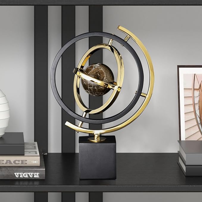 Homary Modern Abstract Art Decoration Metal Globe Ornament Sculpture Decor with Rectangle Stand Black & Gold