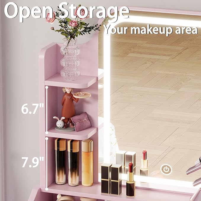 LIKIMIO Small Makeup Vanity Desk with Mirror and Lights, Vanity Table Set with Storage Drawer, Chair and Three Shelves, Bedroom, Pink