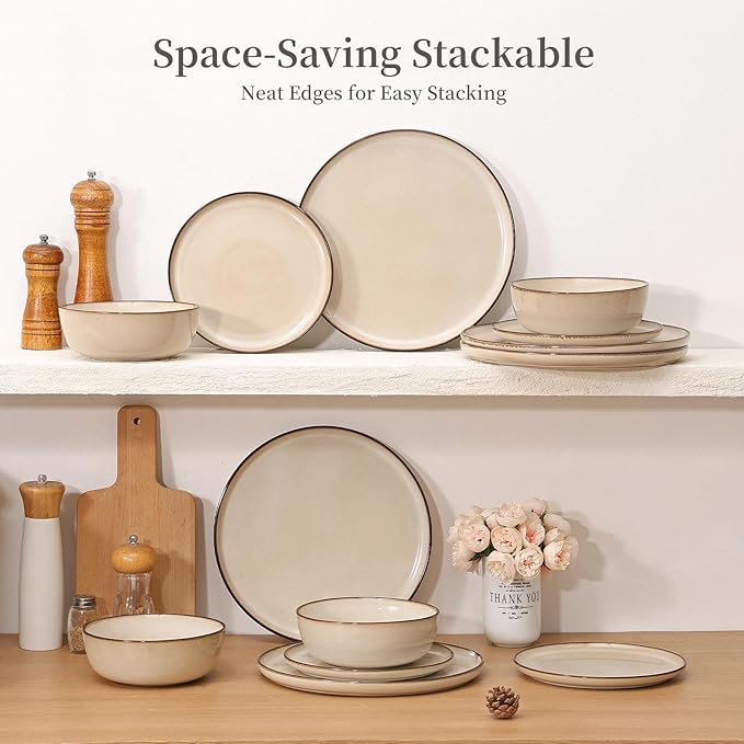 Ceramic Salad Dessert Plates Set: 8 inch Porcelain Reactive Glaze Plates Set, Mordern Stoneware Kitchen Dinnerware Dishes Set, Microwave & Dishwasher Safe, Scratch Resistant, Set of 6 (Beige)