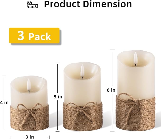 Flameless Candles Battery Operated Pillar Real Wax Electric LED Candle Gift Set with Remote Control and Timer, 4" 5" 6" Pack of 3 (Ivory Wax with Hemp Rope)