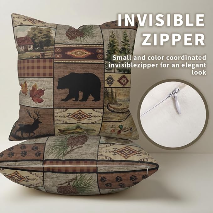 Bear Deer Pillow Cover - Rustic Cabin Throw Pillows Covers 16x16 Set of 2 Animal Wildlife Farmhouse Pillow Cases for Sofa Bedroom