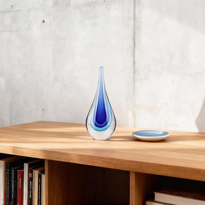 DOVDOV Blown Glass Sculpture, Blue Glass Art Collectible Statue, Unique Teardrop Ornament, Suitable for Office, Bookshelf, Dressing Table, Living Room Coffee Table, or Mantelpiece Display.