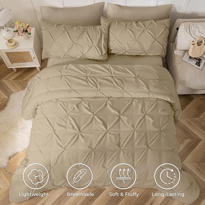 Sasttie Twin XL Comforter Set, 5-Piece Bed in a Bag, Pintuck Bedding Sets for All Season, Includes Comforter, Flat Sheet, Fitted Sheet, Pillowcase and Pillowsham, Dark Linen