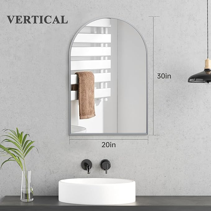 20" x 30" Silver Arched Mirror, Modern Aluminum Alloy Metal Frame, Arch Bathroom Vanity and Wall Decor Mirror for Bathroom, Living Room, Bedroom, Entryway