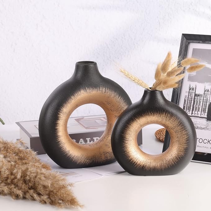 Black Gold Ceramic Vase Set of 2 - Perfect for Home Decor, Living Room, Circle Hollow Donut Vase, Boho Style, Minimalist and Modern Decor - Matte Finish for Flowers, Pampas and More