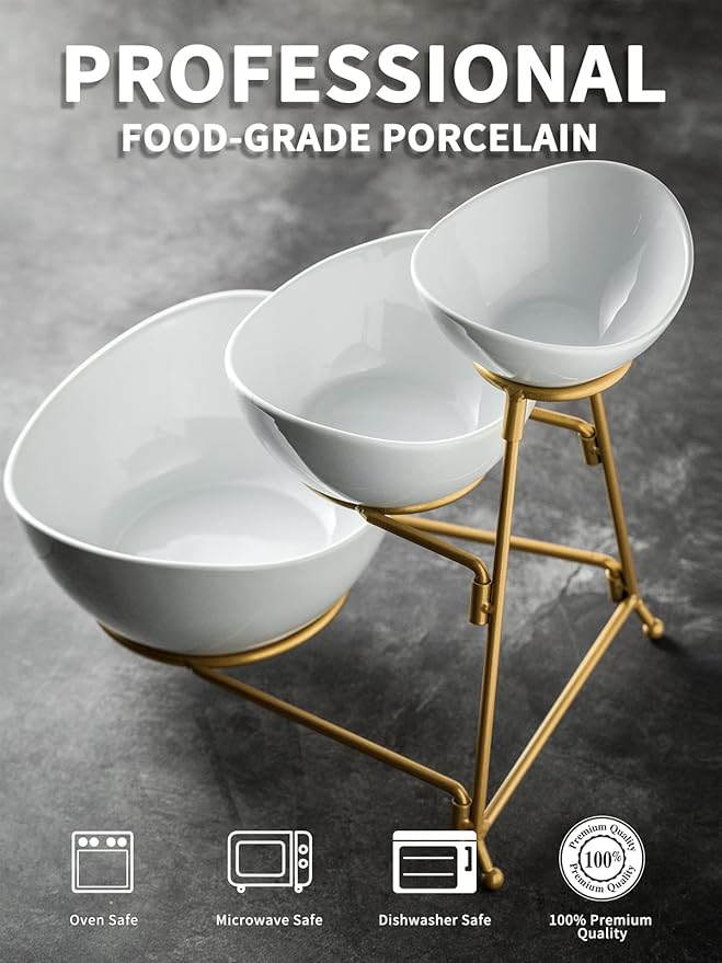 LAUCHUH 3 Tier Serving Stand Serving Dishes for Entertaining Porcelain Oval Bowl Set Tiered Serving Tray for Fruit, Vegetable, Nuts, Salad, Chip Dip Bowl Set for Thanksgiving, Christmas, Gold
