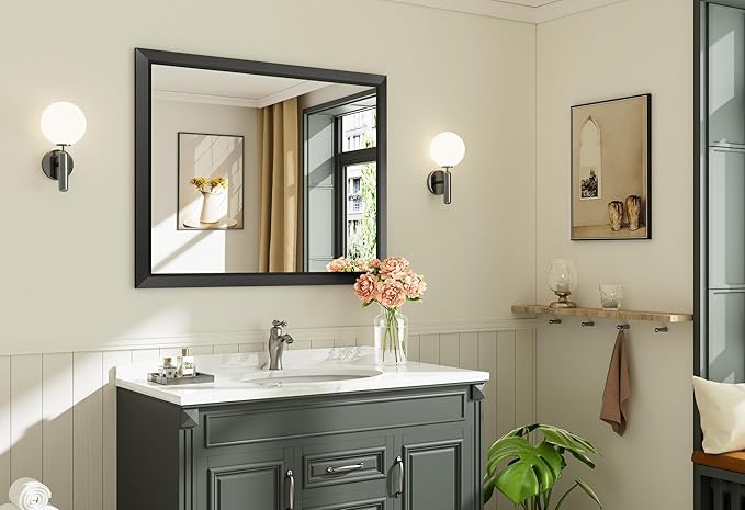 40x32 Inch Black Bathroom Mirror for Wall, Thick Metal Framed Rectangle Mirrors for Over Sink, Bedroom, Living Room, Entryway, Anti-Rust, HD Tempered Glass