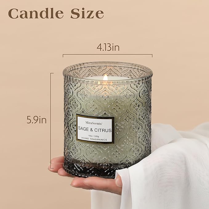 Sage & Citrus Scented Candles, Large Natural Soy Candle, 88 Hours Burning Time, Decorative Candles in Glass, Aromatherapy Candle Gift for Women, 19oz