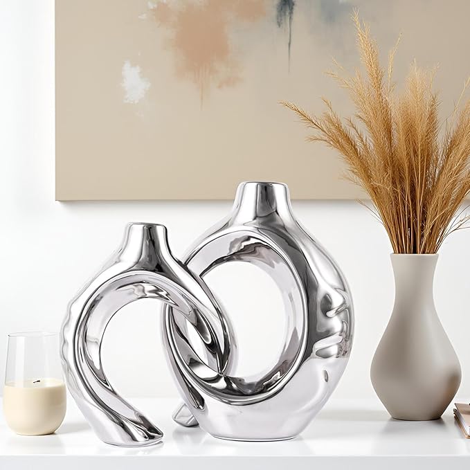 Ceramic Vase Set of 2 for Modern Home Decor,Round Boho Vase for Pampas Grass,Neutral Minimalist Statue for Dining Room Table Centerpiece Dining Room,Wedding Table Decoration (Silver1)