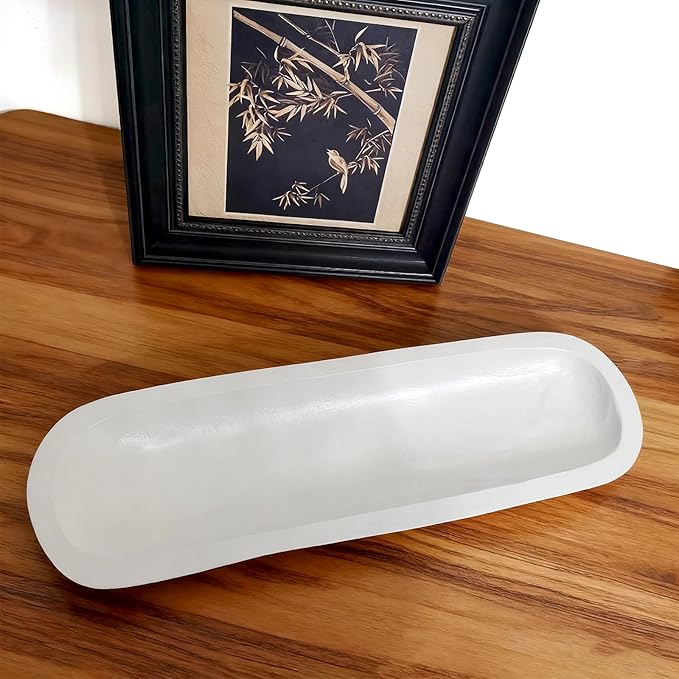 Wooden Dough Bowls Decorative，Rustic Bread Long Bowls Decor Wood Tray, Hand Carved For Table Centerpiece Decor, Home Decor(20 * 6 * 2 inch white)