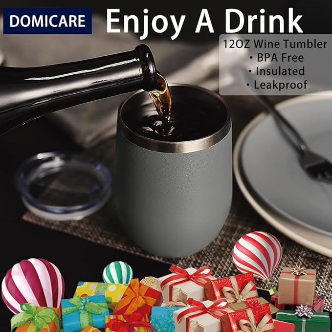 DOMICARE Stainless Steel Wine Tumbler Bulk with Lid, Personalized Insulated Tumblers Set, 12oz Travel Coffee Cups Pack of 1, Gray