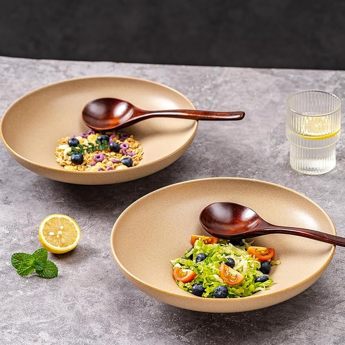 Ceramic Serving Bowls with Wooden Spoons Set of 2, Large Serving Bowl for Dinner Salad Soup Pasta Dessert Fish Fruit Chicken Bread, Oven Dishwasher Safe, 50oz Bowl for Entertaining, 9.75" Khaki