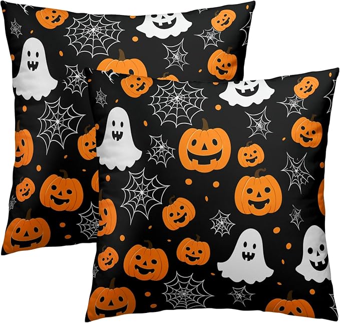 Halloween Throw Pillow Covers 18x18 - Ghost Pumpkins Pillow Covers 2PCS Halloween Day Spider Web Pillowcases for Couch Sofa Bench Bedroom