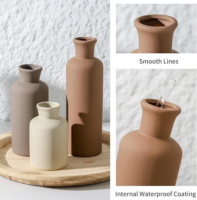 Ceramic Vase Set of 3, Flowers Neutral Modern Vases Home Decor Rustic Farmhouse Decor Pampas Vase for Table Mantel Entryway Shelf Living Room Kitchen Bathroom - Brown