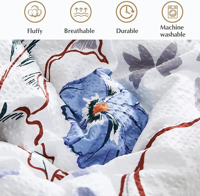 CASAAGUSTO Queen Comforter Set, 7 PCS White Floral Comforter Set with Flowers Leaves Pattern, Soft Seersucker Design All Season Microfiber Queen Size Bedding Set (90"X90"