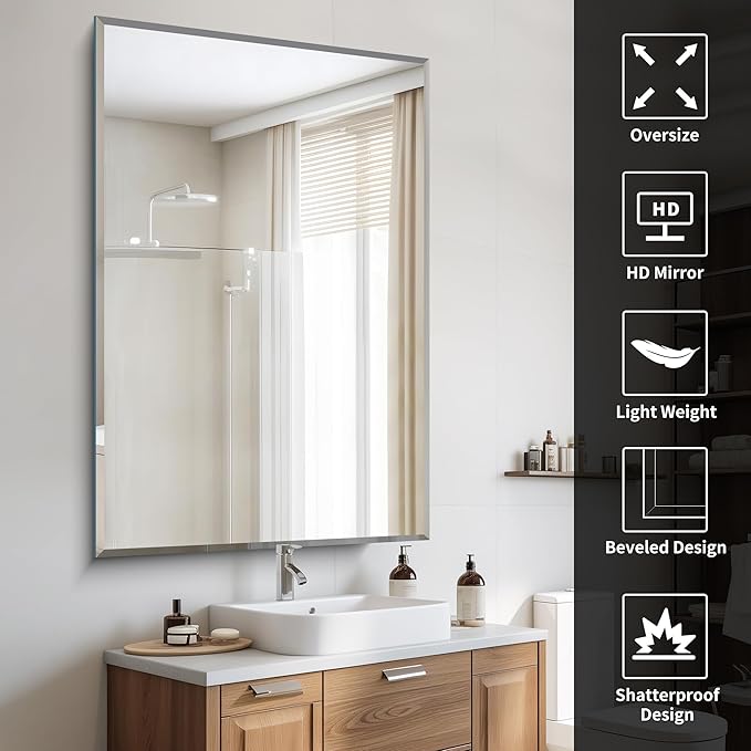 55x36 Large Beveled Mirror, Frameless Beveled Bathroom Mirrors for Over Sink, Upgraded Shatterproof Beveled Frameless Vanity Mirror for Bathroom,Bedroom,Living Room and Entryway