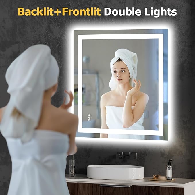 32X36 LED Bathroom Mirror with Lights, Anti-Fog, Dimmable, Backlit + Front Lit, Smart Bathroom Vanity Mirror, Memory Function, Shatterproof, Tempered Glass (Horizontal/Vertical)