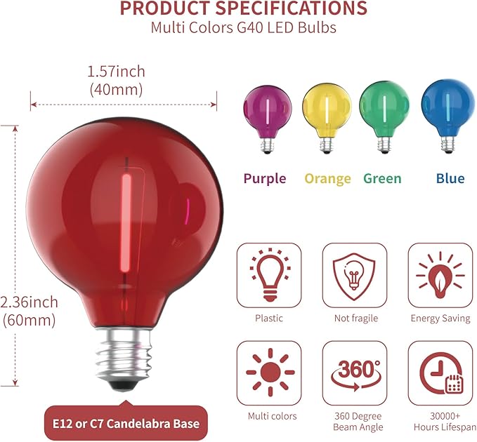 Meconard 25 Pack G40 Colored LED String Light Bulbs, E12/C7 Candelabra Base Shatterproof LED 1 Watt Globe Replacement Bulbs, Multi-Color: Red/Green/Blue/Orange/Purple