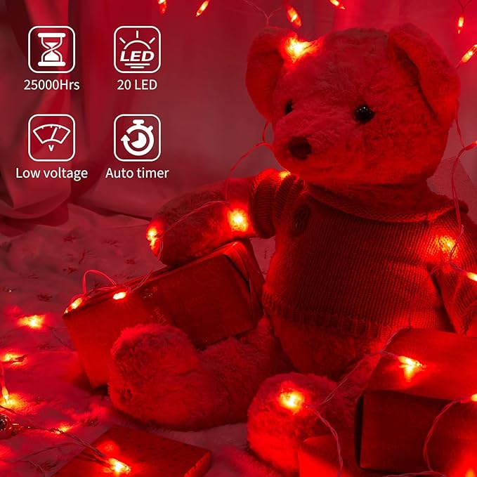 Red String Lights Battery Operated, 4 Pack 8 Feet 20 LED String Lights with 8 Modes Waterproof Tree Lights for Outdoor Indoor Holiday Party Garden Tree Decorations