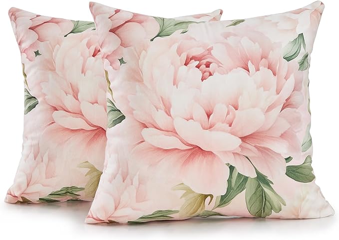 Pink Floral Throw Pillow Covers 22x22 Set of 2, Decorative Peony Flower Cushion Cases, Soft Plush Pillow Covers for Farmhouse Sofa Couch Bed Home Decor