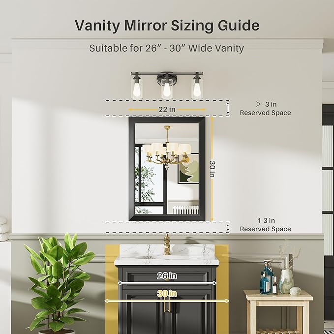 22x30 Inch Black Bathroom Mirror for Wall, Thick Metal Framed Rectangle Mirrors for Over Sink, Bedroom, Living Room, Entryway, Anti-Rust, HD Tempered Glass