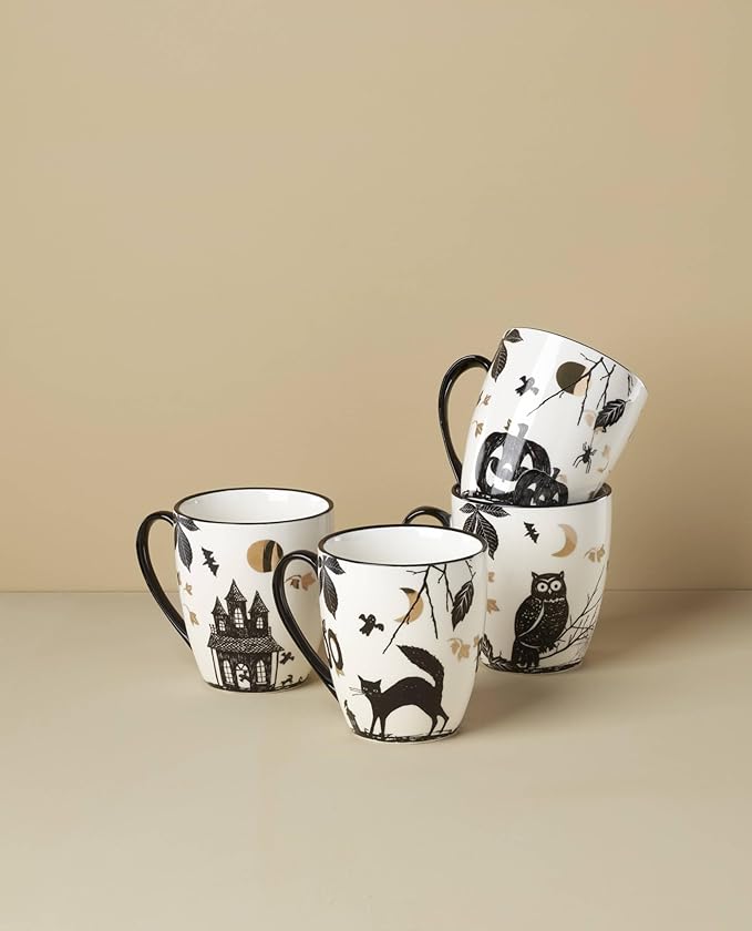 Lenox Coffee Mugs, Vintage Haunted Halloween 12 Oz Mugs Set of 4, Porcelain, Assorted Drinkware Set, Spooky Fall Decor, Dishwasher Safe, Microwave Safe, Halloween Decor Indoor (White/Black 4 Piece)