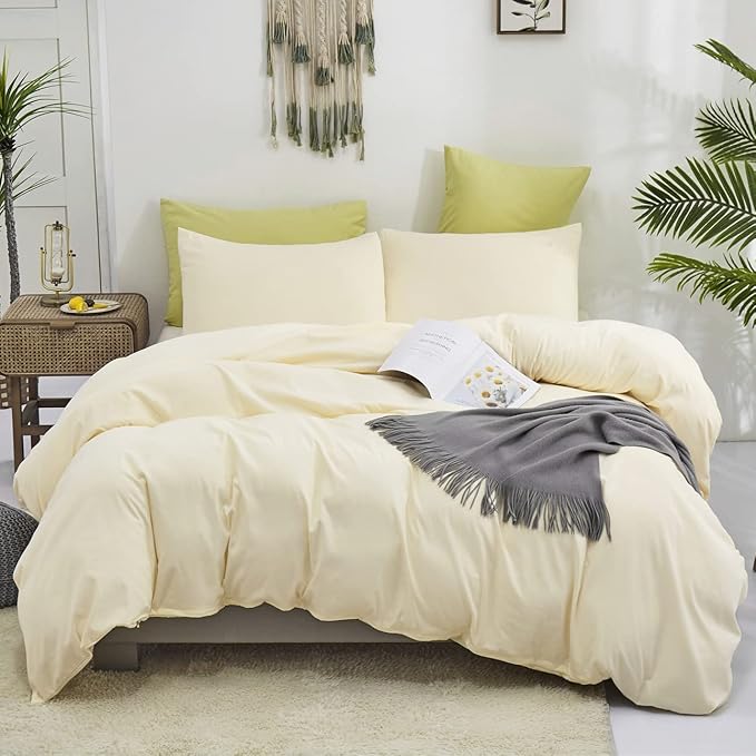 KAREVER Light Yellow Comforter Set Twin Off White Bedding Set Girls Beige Breathable Ivory Bedding Set Women Soft Off White Twin Ivory Bedding Comforter Set