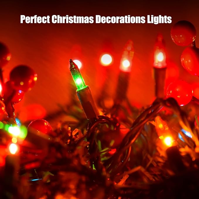 Christmas Lights Multicolor 100 Count Incandescent Light UL Certified Connectable Christmas Tree Lights with Green Wires for Indoor Outdoor Xmas, Wedding, Holiday, Party, Home Decorations