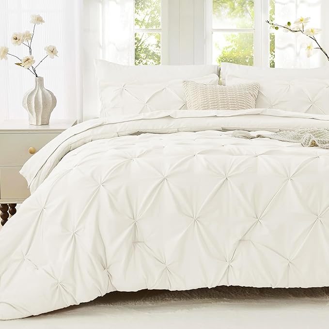Sasttie Twin Comforter Set, 5-Piece Bed in a Bag, Pintuck Bedding Sets for All Season, Includes Comforter, Flat Sheet, Fitted Sheet, Pillowcase and Pillowsham, Ivory