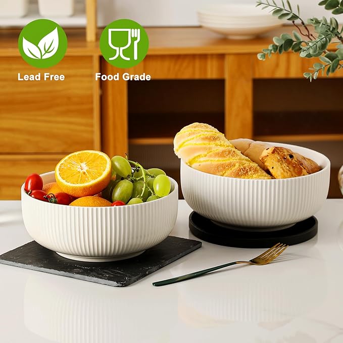 60oz Salad Bowl Set,2 Pack Serving Bowls for Entertaining,8inch Large White Ceramic Bowl for Side Dishes,Soup, Pho, Cereal, Pasta, Fruit, Microwave and Dishwasher Safe