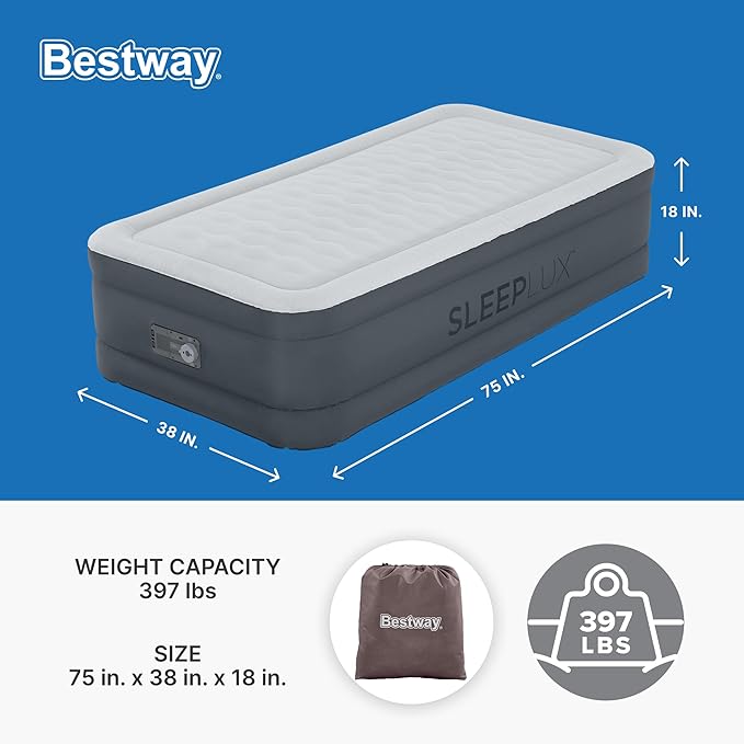 SleepLux Twin Air Mattress | Supersoft Snugable Top, Extra Durable Tough Guard with Built-in Pillow | Raised 18" Airbed with Built in Pump + USB Charger (69086E) , Grey