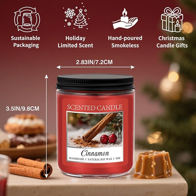 Homsolver Cozy 9OZ Cinnamon Candle Scented Strong, Christmas Candles Cinnamon Stick Apple Scented with 50+ Hours of Burn Time, Fall & Winter Christmas Candles Gifts & Hoilday Home Décor